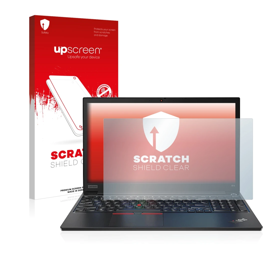 Vorderseite einer Produktverpackung mit dem Markenlogo upscreen. Daneben ist das Gerät Lenovo ThinkPad E14 Gen 2 mit dem zugeh