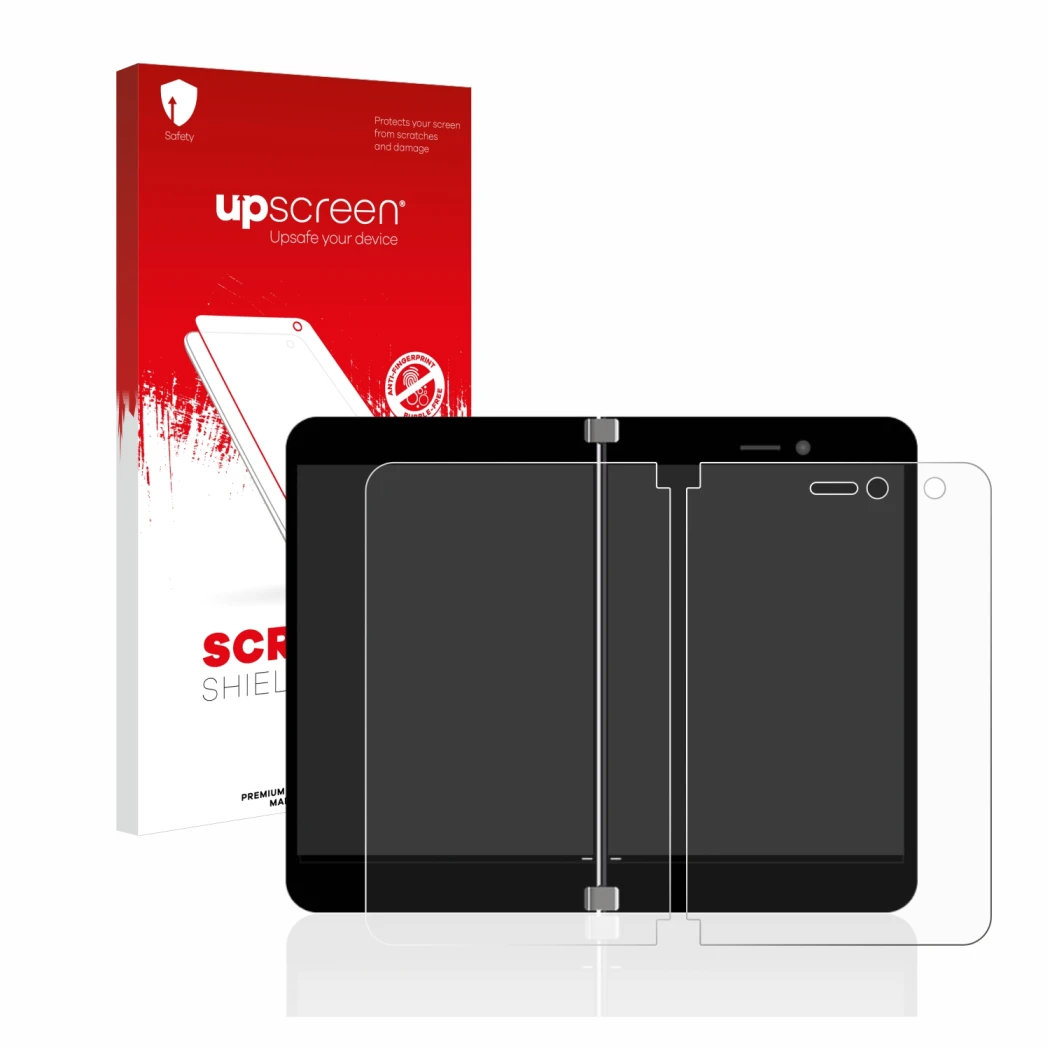 Vorderseite einer Produktverpackung mit dem Markenlogo upscreen. Daneben ist das Gerät Microsoft Surface Duo mit dem zugehörig