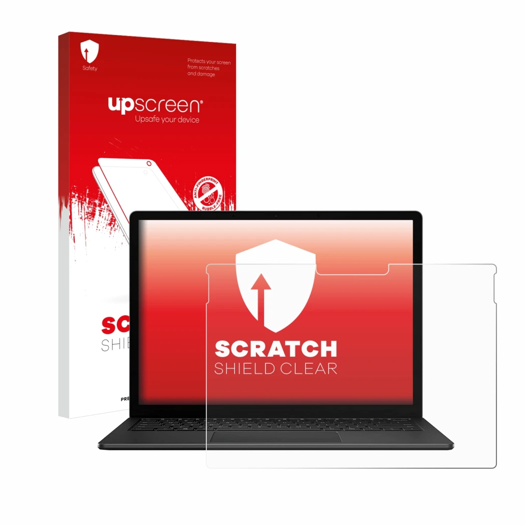 Vorderseite einer Produktverpackung mit dem Markenlogo upscreen. Daneben ist das Gerät Microsoft Surface Book 3 13.5