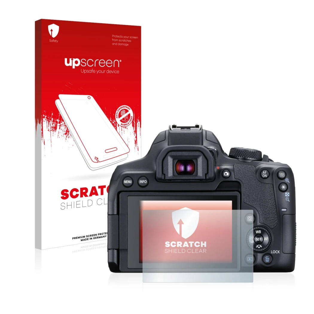 Vorderseite einer Produktverpackung mit dem Markenlogo upscreen. Daneben ist das Gerät Canon EOS 850D mit dem zugehörigen Disp
