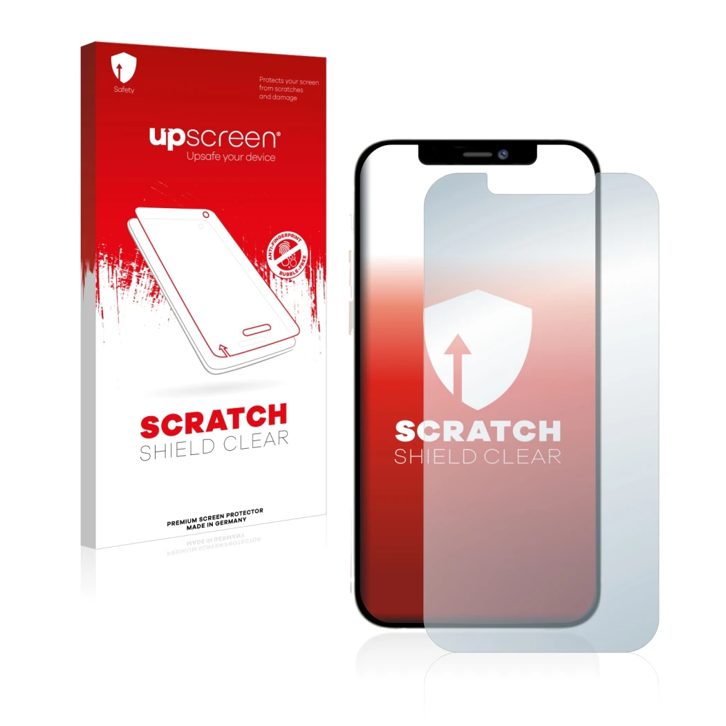 Vorderseite einer Produktverpackung mit dem Markenlogo upscreen. Daneben ist das Gerät Apple iPhone 12 Pro Max mit dem zugehör