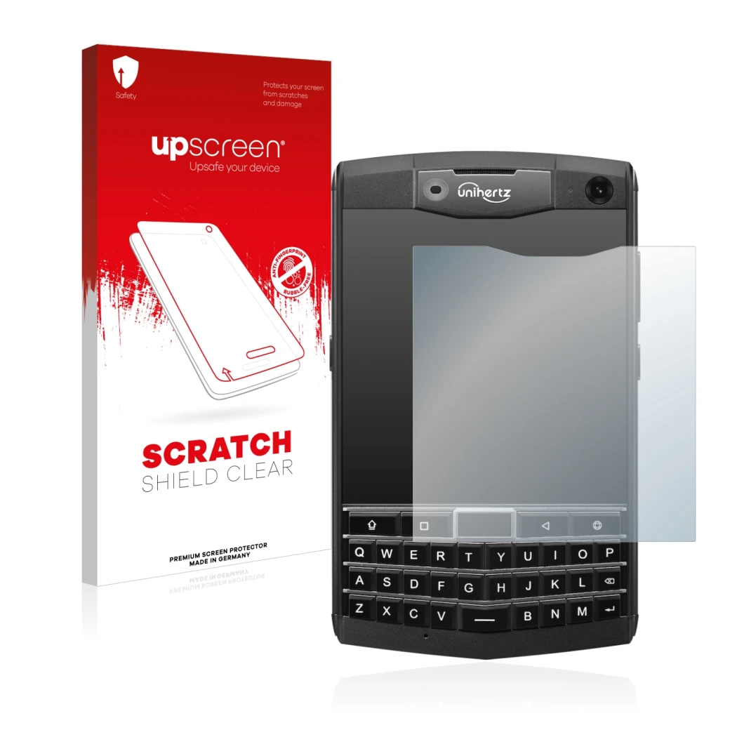 Vorderseite einer Produktverpackung mit dem Markenlogo upscreen. Daneben ist das Gerät Unihertz Titan mit dem zugehörigen Disp