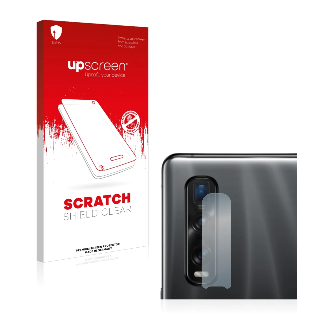 Vorderseite einer Produktverpackung mit dem Markenlogo upscreen. Daneben ist das Gerät Oppo Find X2 Pro (NUR Kameraschutz) mit