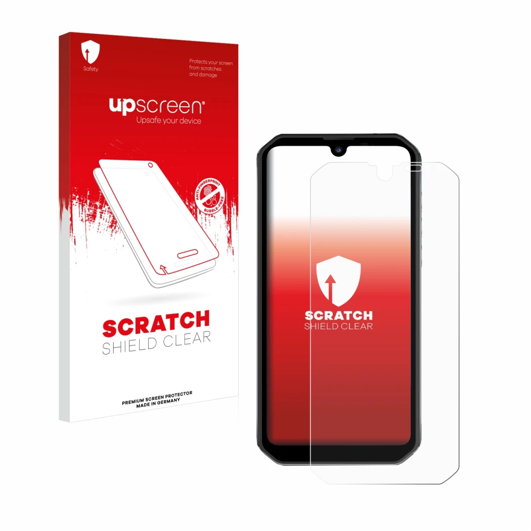 Vorderseite einer Produktverpackung mit dem Markenlogo upscreen. Daneben ist das Gerät Blackview BV9900 Pro mit dem zugehörige