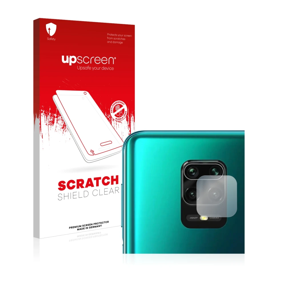 Vorderseite einer Produktverpackung mit dem Markenlogo upscreen. Daneben ist das Gerät Xiaomi Redmi Note 9S (NUR Kameraschutz)