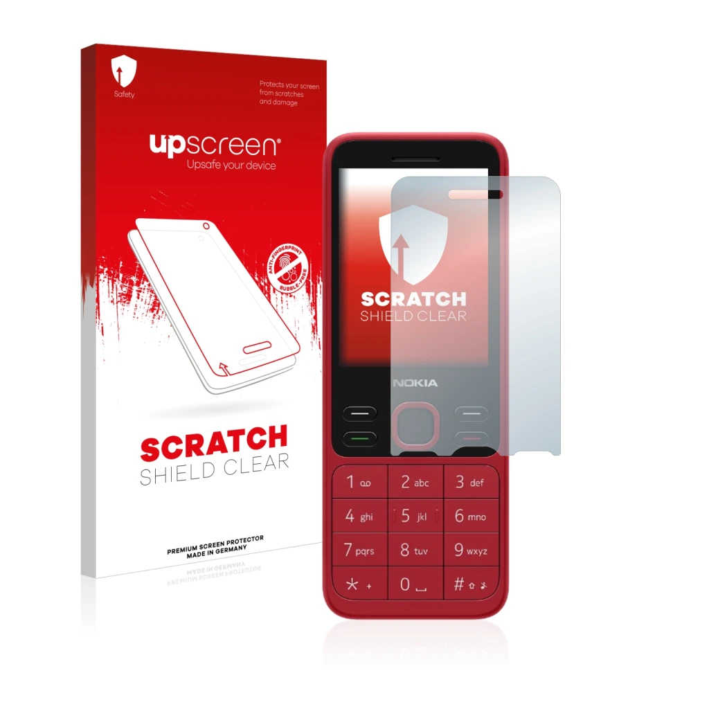 Vorderseite einer Produktverpackung mit dem Markenlogo upscreen. Daneben ist das Gerät Nokia 150 2020 mit dem zugehörigen Disp