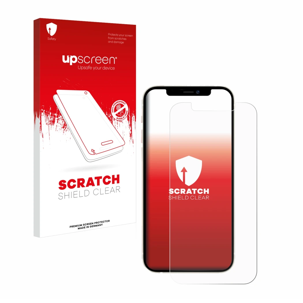 Vorderseite einer Produktverpackung mit dem Markenlogo upscreen. Daneben ist das Gerät Apple iPhone 12 mit dem zugehörigen Dis