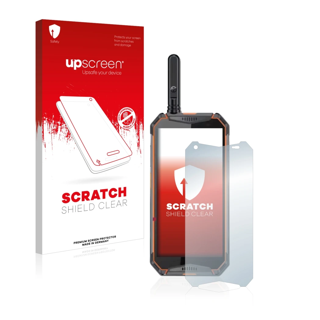 Vorderseite einer Produktverpackung mit dem Markenlogo upscreen. Daneben ist das Gerät Ulefone Armor 3w mit dem zugehörigen Di