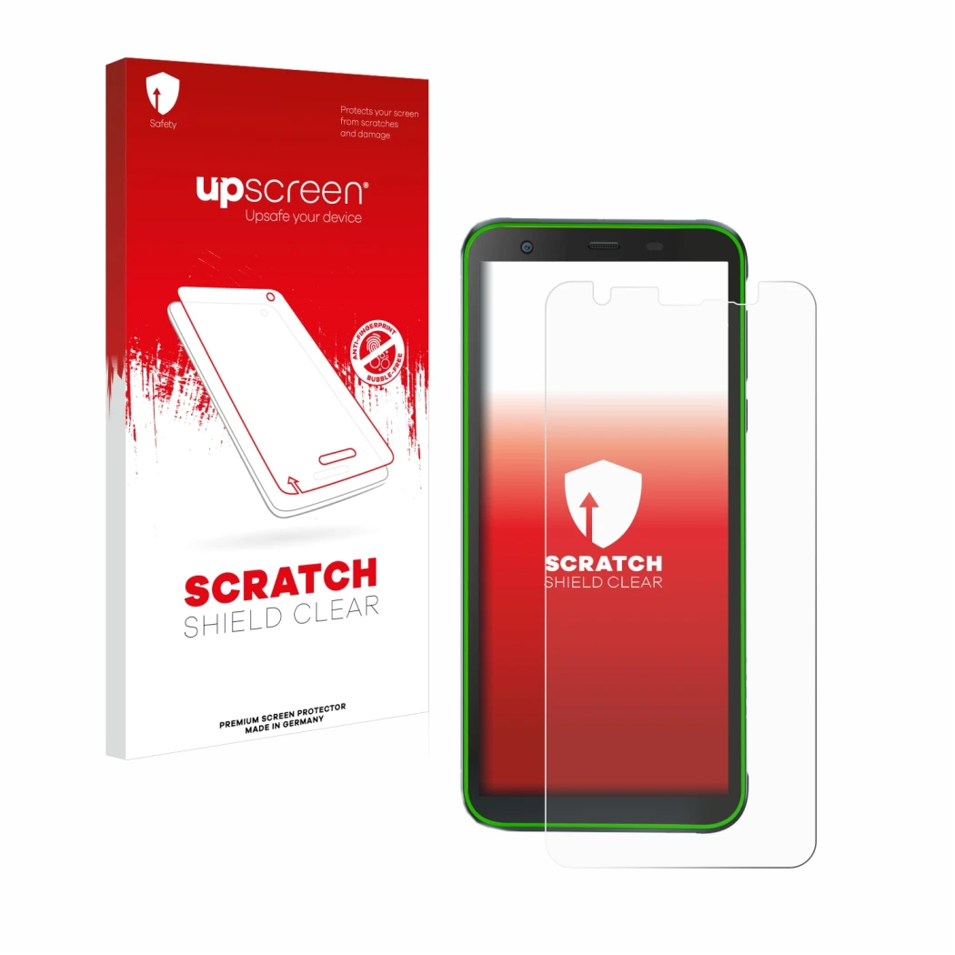 Vorderseite einer Produktverpackung mit dem Markenlogo upscreen. Daneben ist das Gerät Blackview BV6300 Pro mit dem zugehörige