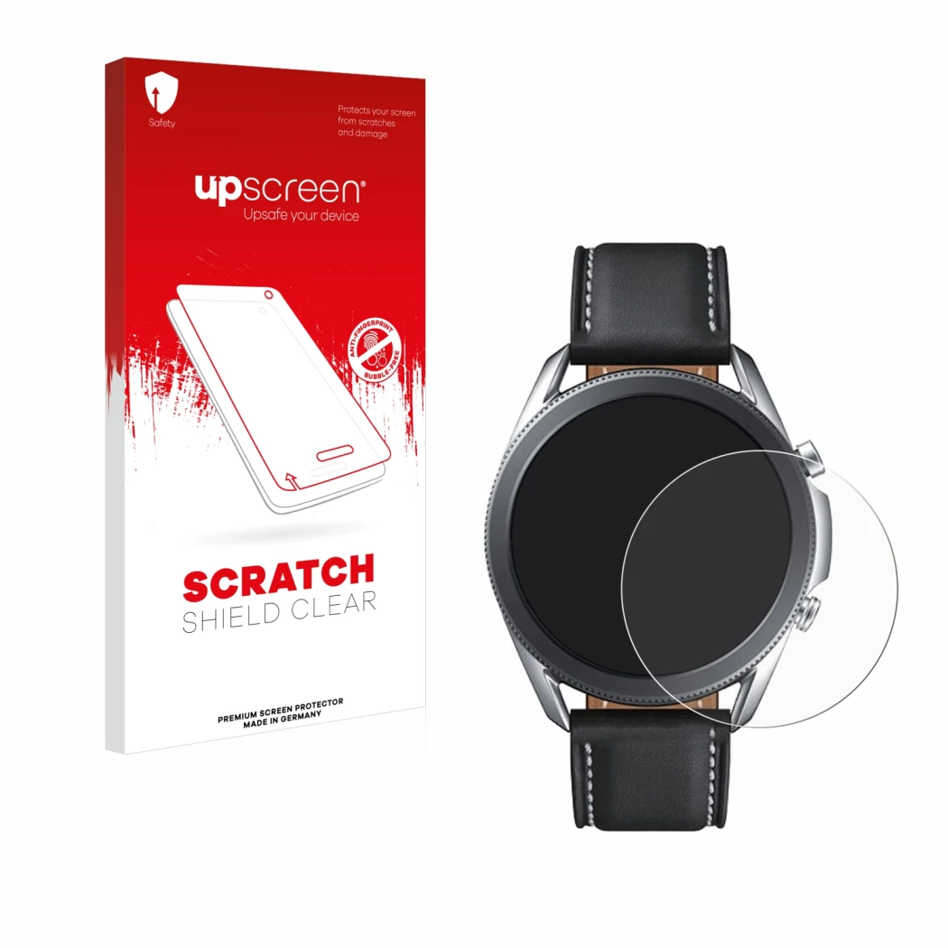 Vorderseite einer Produktverpackung mit dem Markenlogo upscreen. Daneben ist das Gerät Samsung Galaxy Watch 3 (45mm) mit dem z