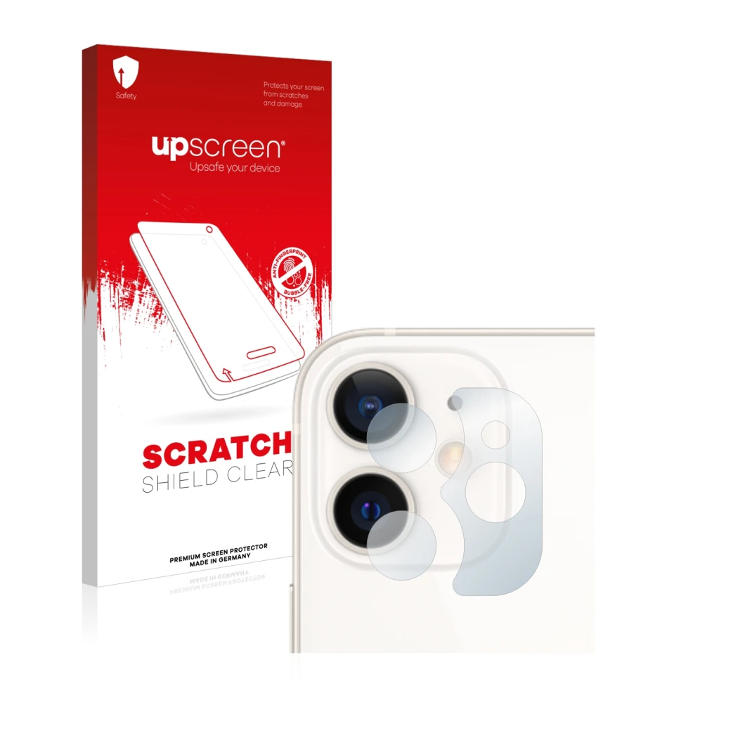 Vorderseite einer Produktverpackung mit dem Markenlogo upscreen. Daneben ist das Gerät Apple iPhone 12 mini (NUR Kameraschutz)