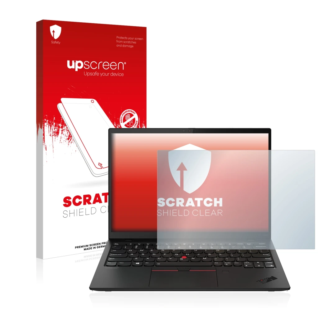 Vorderseite einer Produktverpackung mit dem Markenlogo upscreen. Daneben ist das Gerät Lenovo ThinkPad X1 Nano mit dem zugehör