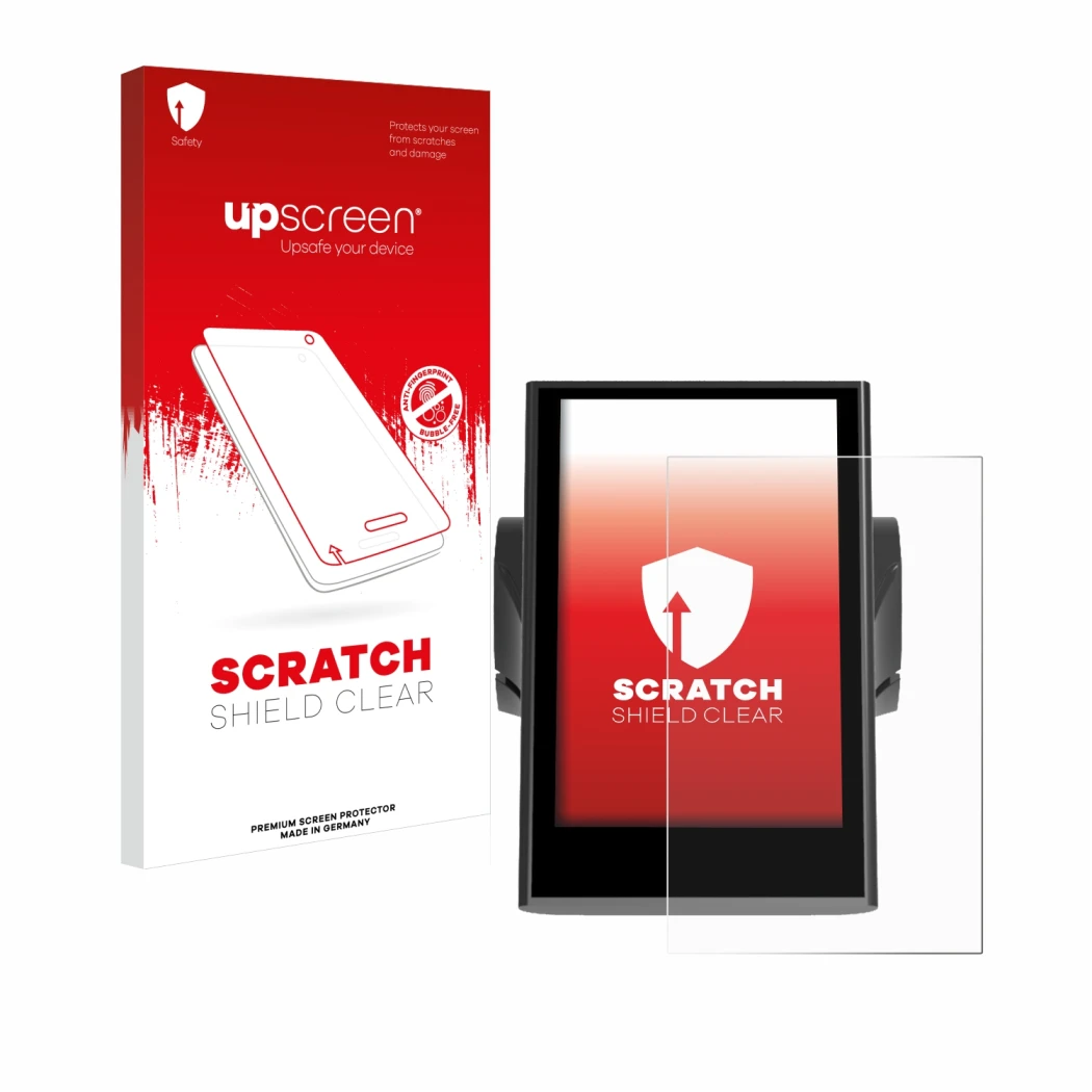 Vorderseite einer Produktverpackung mit dem Markenlogo upscreen. Daneben ist das Gerät Bafang DP C18 mit dem zugehörigen Displ