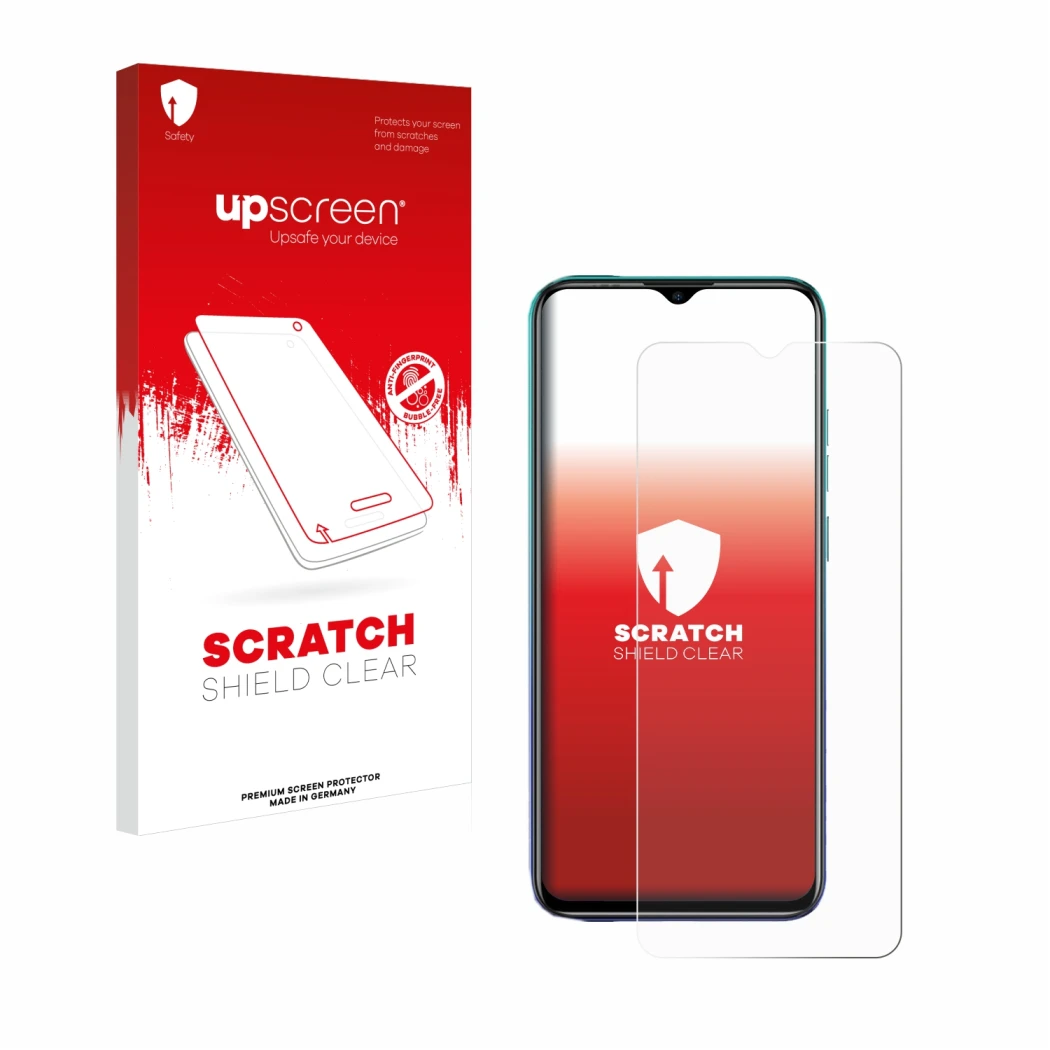 Vorderseite einer Produktverpackung mit dem Markenlogo upscreen. Daneben ist das Gerät Ulefone Note 9P mit dem zugehörigen Dis