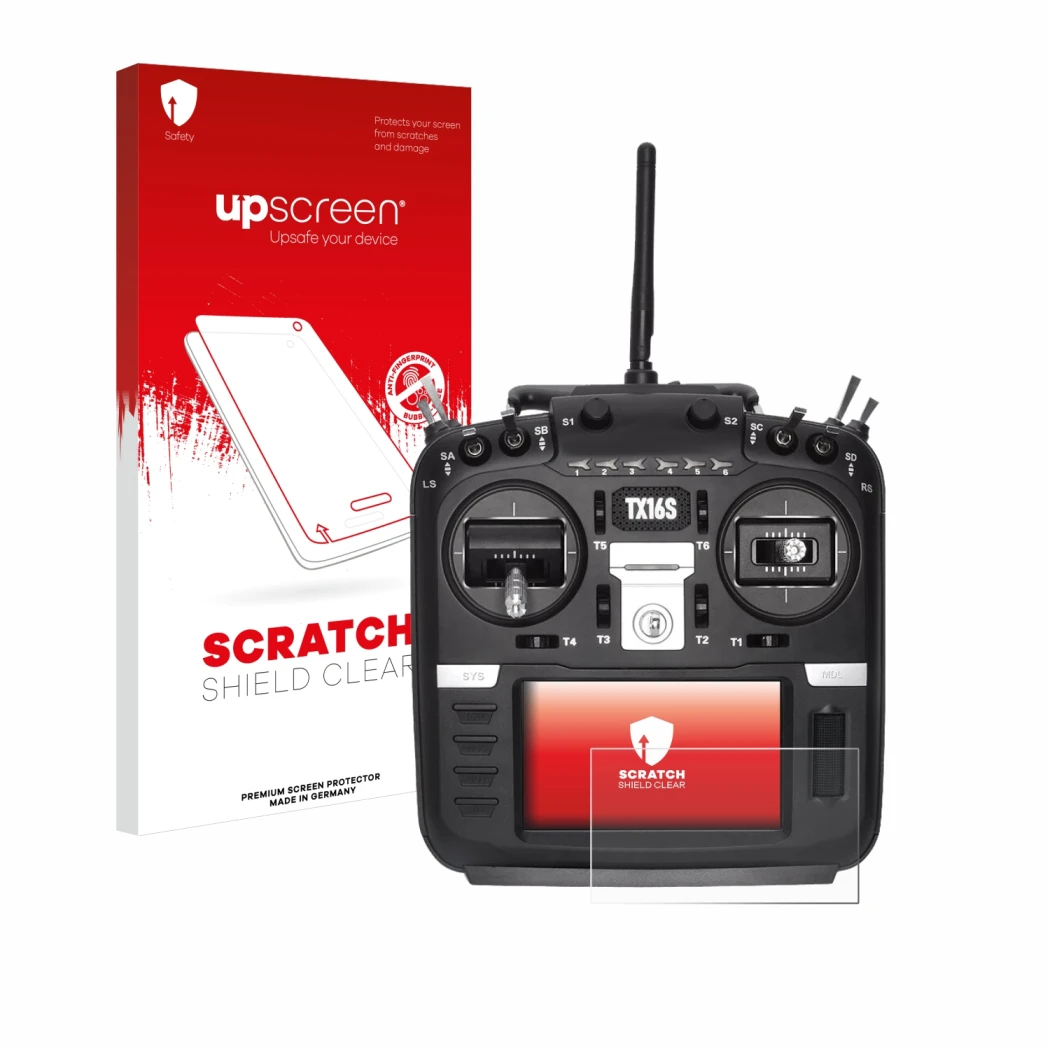 Vorderseite einer Produktverpackung mit dem Markenlogo upscreen. Daneben ist das Gerät Radiomaster TX16S mit dem zugehörigen D