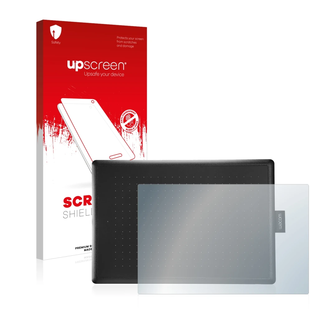Vorderseite einer Produktverpackung mit dem Markenlogo upscreen. Daneben ist das Gerät Wacom One Medium mit dem zugehörigen Di