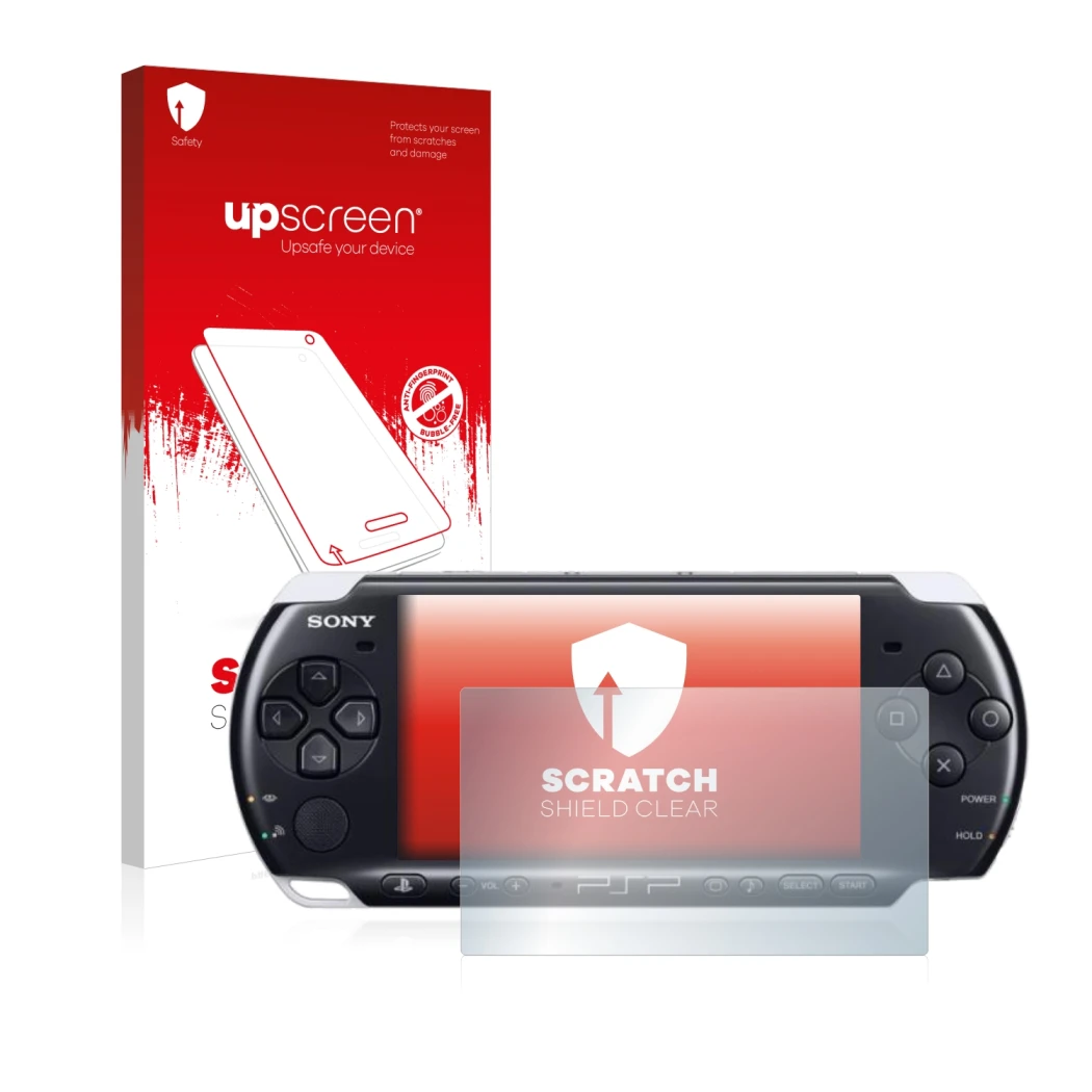 Vorderseite einer Produktverpackung mit dem Markenlogo upscreen. Daneben ist das Gerät Sony PSP 3003 mit dem zugehörigen Displ