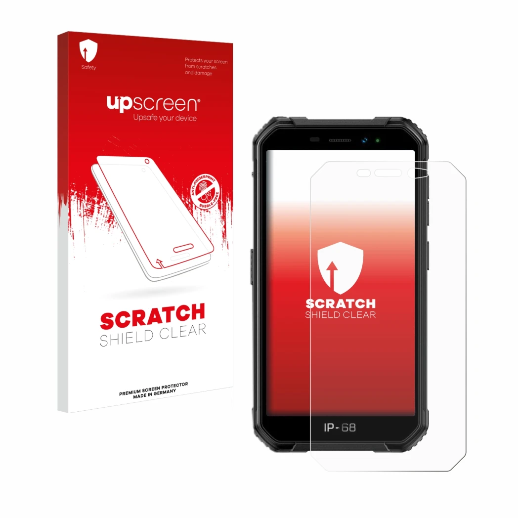Vorderseite einer Produktverpackung mit dem Markenlogo upscreen. Daneben ist das Gerät Ulefone Armor X6 mit dem zugehörigen Di