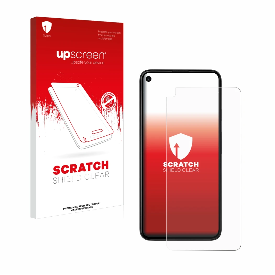 Vorderseite einer Produktverpackung mit dem Markenlogo upscreen. Daneben ist das Gerät Google Pixel 4a 5G mit dem zugehörigen 