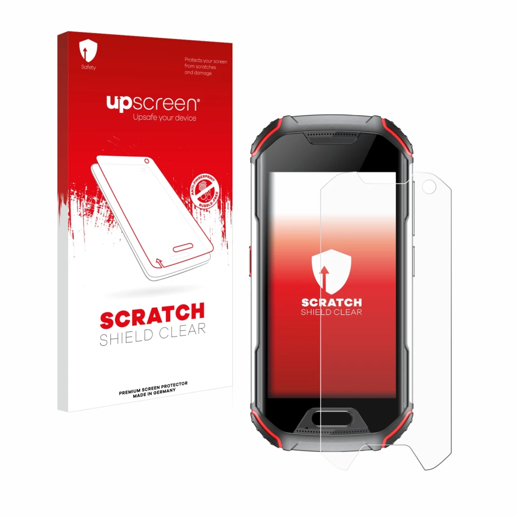 Vorderseite einer Produktverpackung mit dem Markenlogo upscreen. Daneben ist das Gerät Unihertz Atom L mit dem zugehörigen Dis