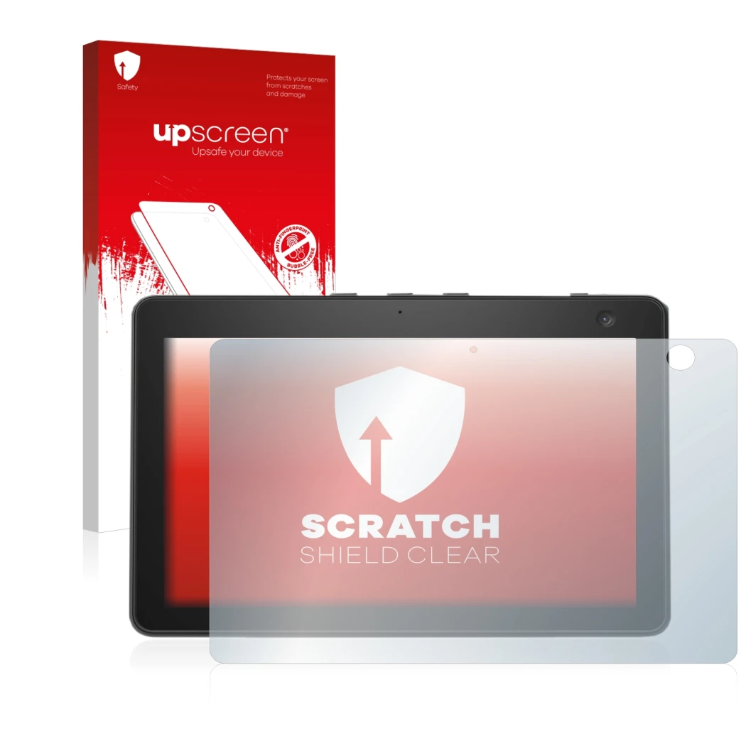 Vorderseite einer Produktverpackung mit dem Markenlogo upscreen. Daneben ist das Gerät Amazon Echo Show 10 (3. Gen.) mit dem z