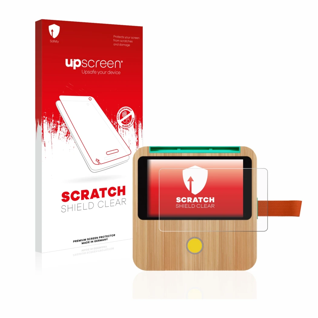 Vorderseite einer Produktverpackung mit dem Markenlogo upscreen. Daneben ist das Gerät tigerbox Touch mit dem zugehörigen Disp