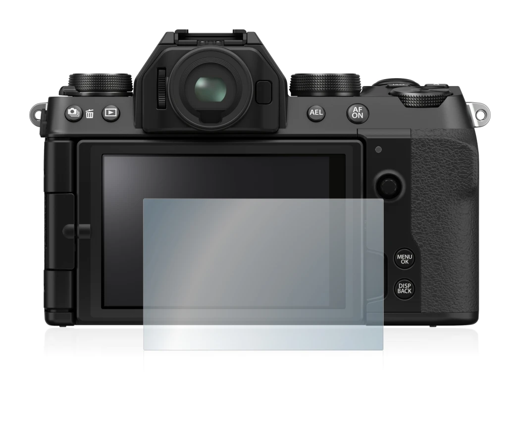 Abbildung des Geräts Fujifilm X-S10 mit einer Vielzahl des Displayschutzes.
