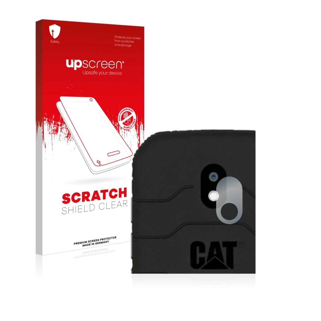 Vorderseite einer Produktverpackung mit dem Markenlogo upscreen. Daneben ist das Gerät Caterpillar Cat S42 (NUR Kameraschutz)