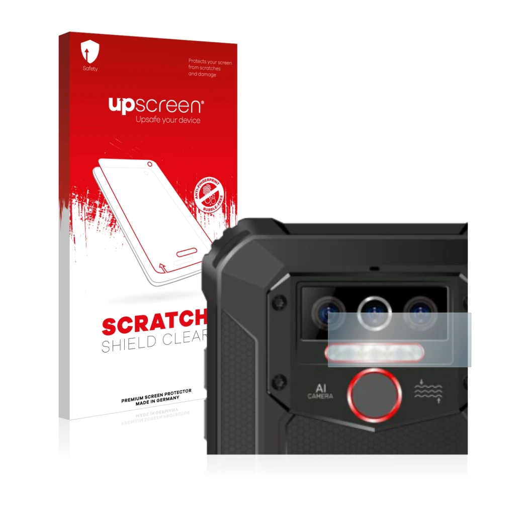 Vorderseite einer Produktverpackung mit dem Markenlogo upscreen. Daneben ist das Gerät Oukitel WP5 Pro (NUR Kameraschutz) mit 