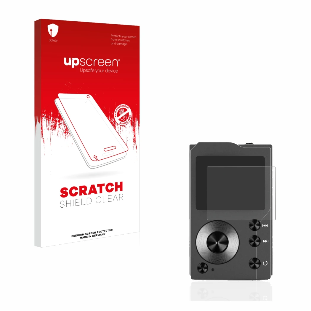 Vorderseite einer Produktverpackung mit dem Markenlogo upscreen. Daneben ist das Gerät Surfans F20 mit dem zugehörigen Display