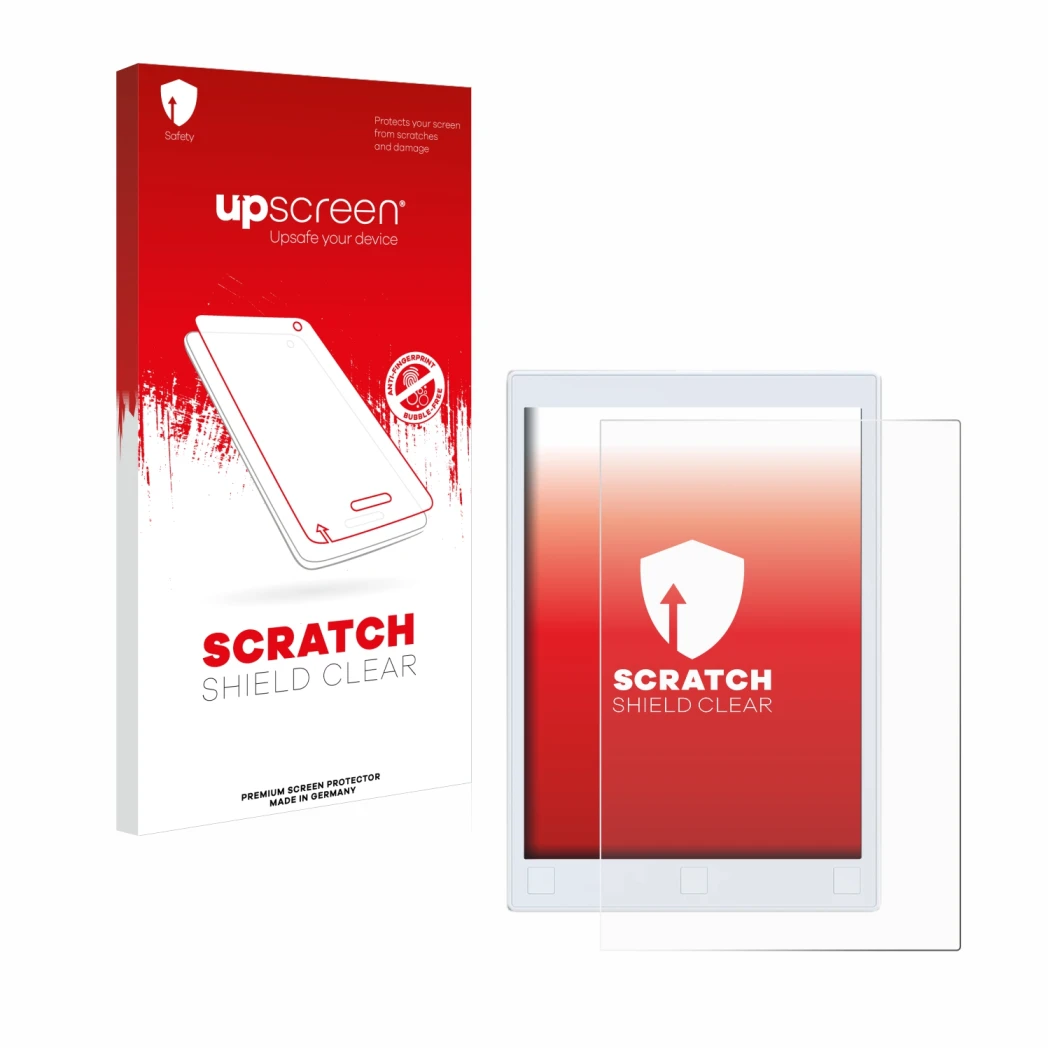 Vorderseite einer Produktverpackung mit dem Markenlogo upscreen. Daneben ist das Gerät reMarkable 2 mit dem zugehörigen Displa