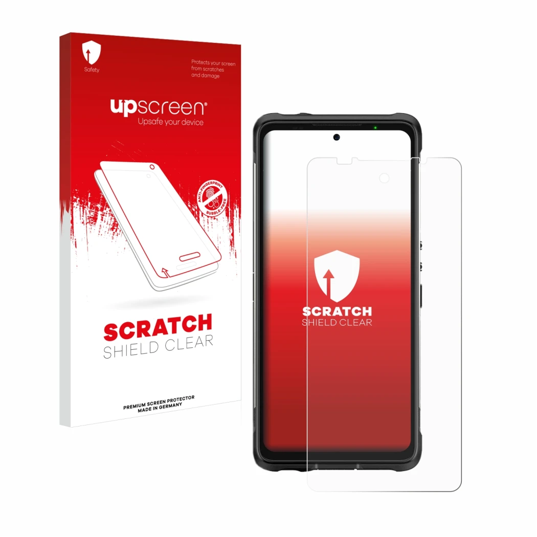 Vorderseite einer Produktverpackung mit dem Markenlogo upscreen. Daneben ist das Gerät Ulefone Armor 10 5G mit dem zugehörigen
