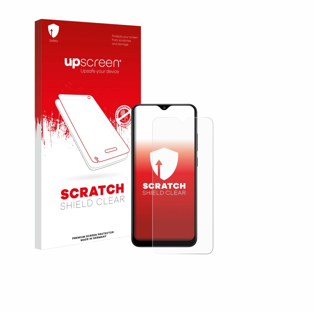 Vorderseite einer Produktverpackung mit dem Markenlogo upscreen. Daneben ist das Gerät Samsung Galaxy A02s mit dem zugehörigen