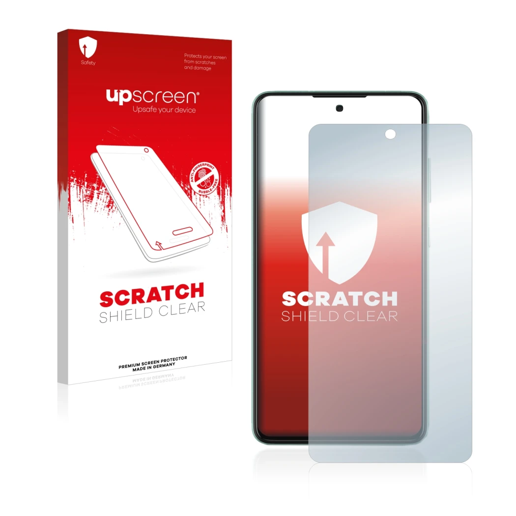 Vorderseite einer Produktverpackung mit dem Markenlogo upscreen. Daneben ist das Gerät Samsung Galaxy A52 mit dem zugehörigen