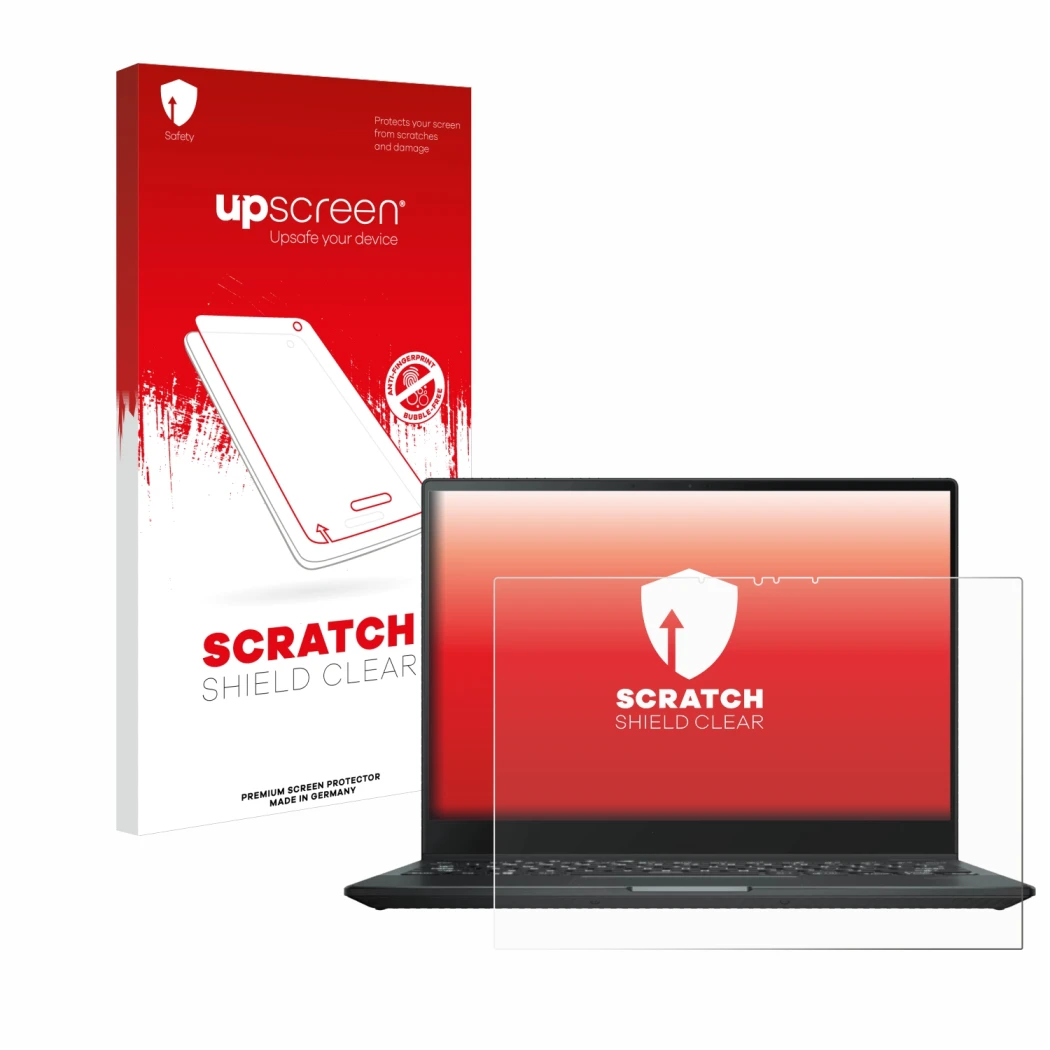 Vorderseite einer Produktverpackung mit dem Markenlogo upscreen. Daneben ist das Gerät ASUS Rog Flow X13 2022 mit dem zugehöri