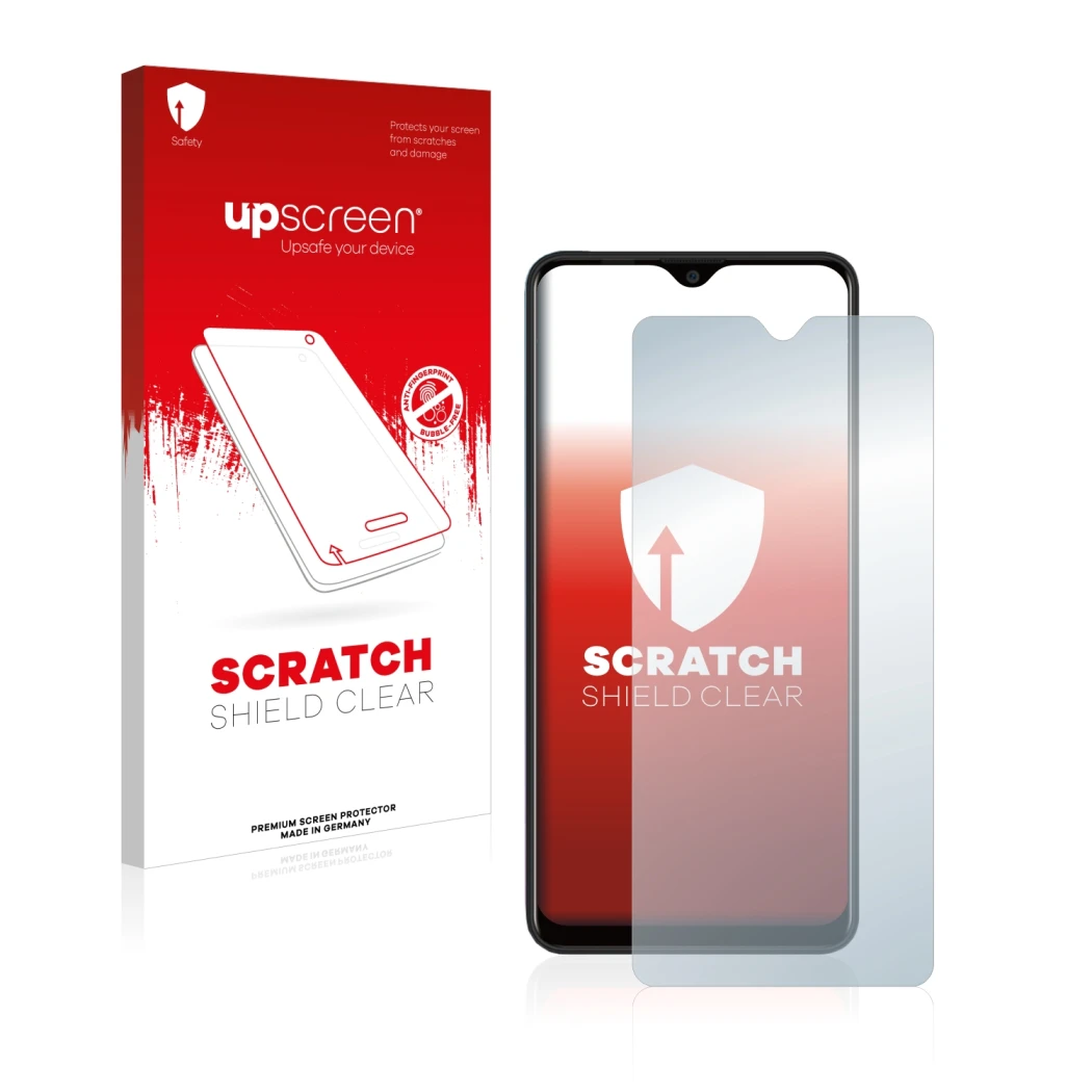 Vorderseite einer Produktverpackung mit dem Markenlogo upscreen. Daneben ist das Gerät Blackview A80 Plus mit dem zugehörigen