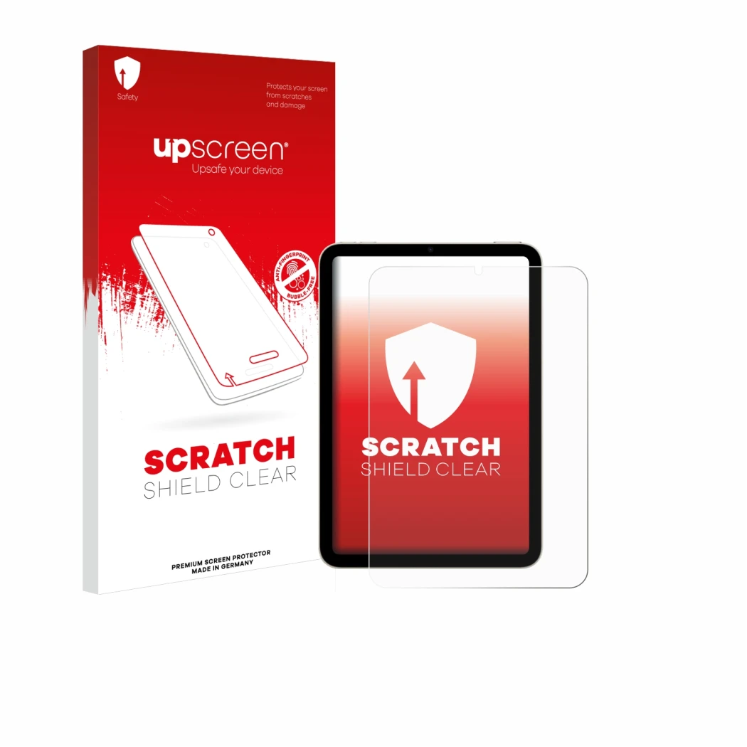 Vorderseite einer Produktverpackung mit dem Markenlogo upscreen. Daneben ist das Gerät Apple iPad Mini 6 WiFi 2021 mit dem zug