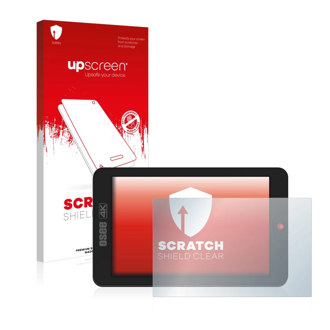 Vorderseite einer Produktverpackung mit dem Markenlogo upscreen. Daneben ist das Gerät Osee G7 mit dem zugehörigen Displayschu
