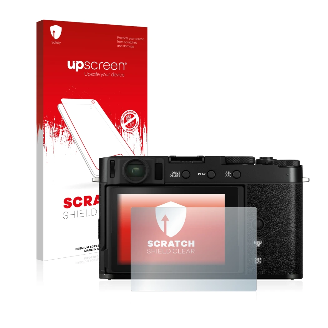 Vorderseite einer Produktverpackung mit dem Markenlogo upscreen. Daneben ist das Gerät Fujifilm X-E4 mit dem zugehörigen Displ