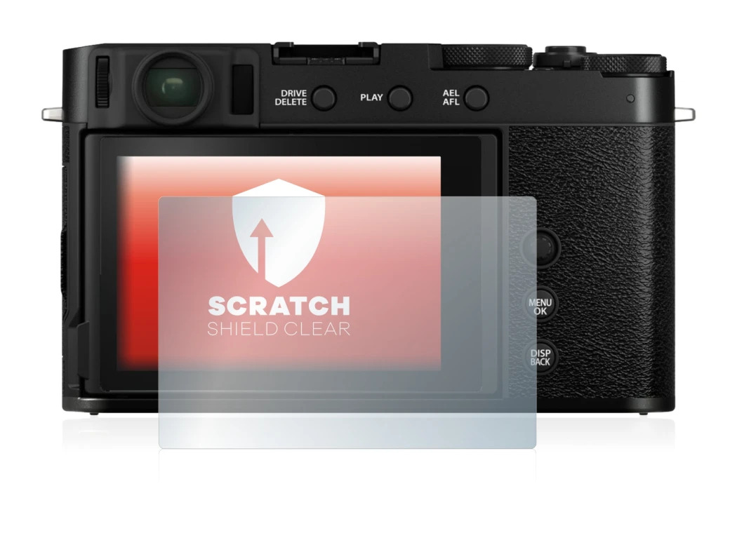 Abbildung des Geräts Fujifilm X-E4 mit einer Vielzahl des Displayschutzes.