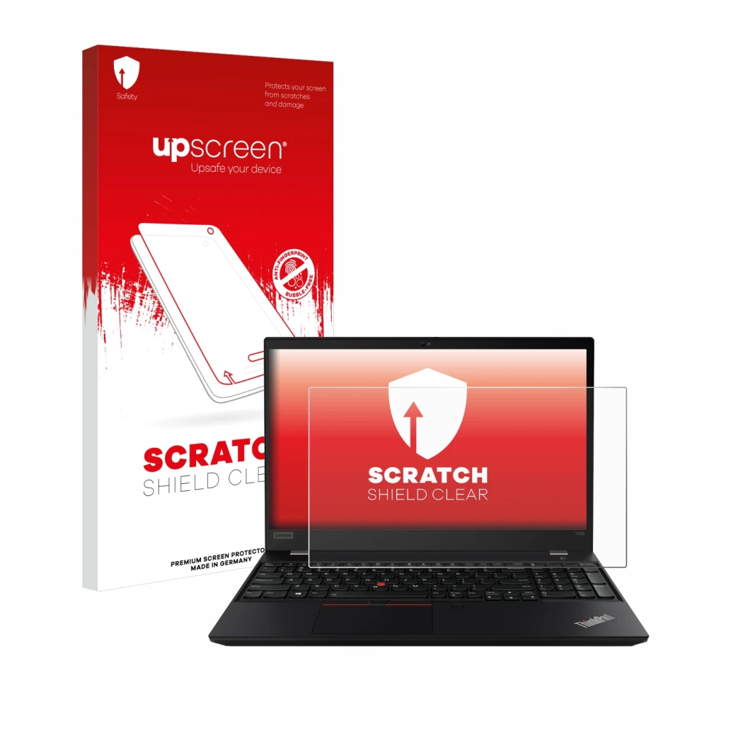 Vorderseite einer Produktverpackung mit dem Markenlogo upscreen. Daneben ist das Gerät Lenovo ThinkPad P14s mit dem zugehörige