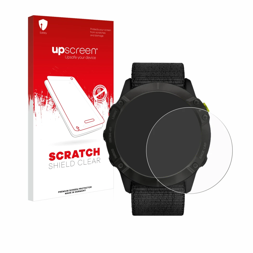 Vorderseite einer Produktverpackung mit dem Markenlogo upscreen. Daneben ist das Gerät Garmin Enduro mit dem zugehörigen Displ
