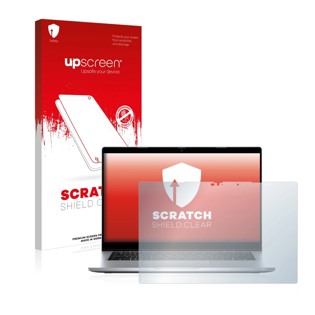 Vorderseite einer Produktverpackung mit dem Markenlogo upscreen. Daneben ist das Gerät Dell Latitude 5320 Non-Touch mit dem zu