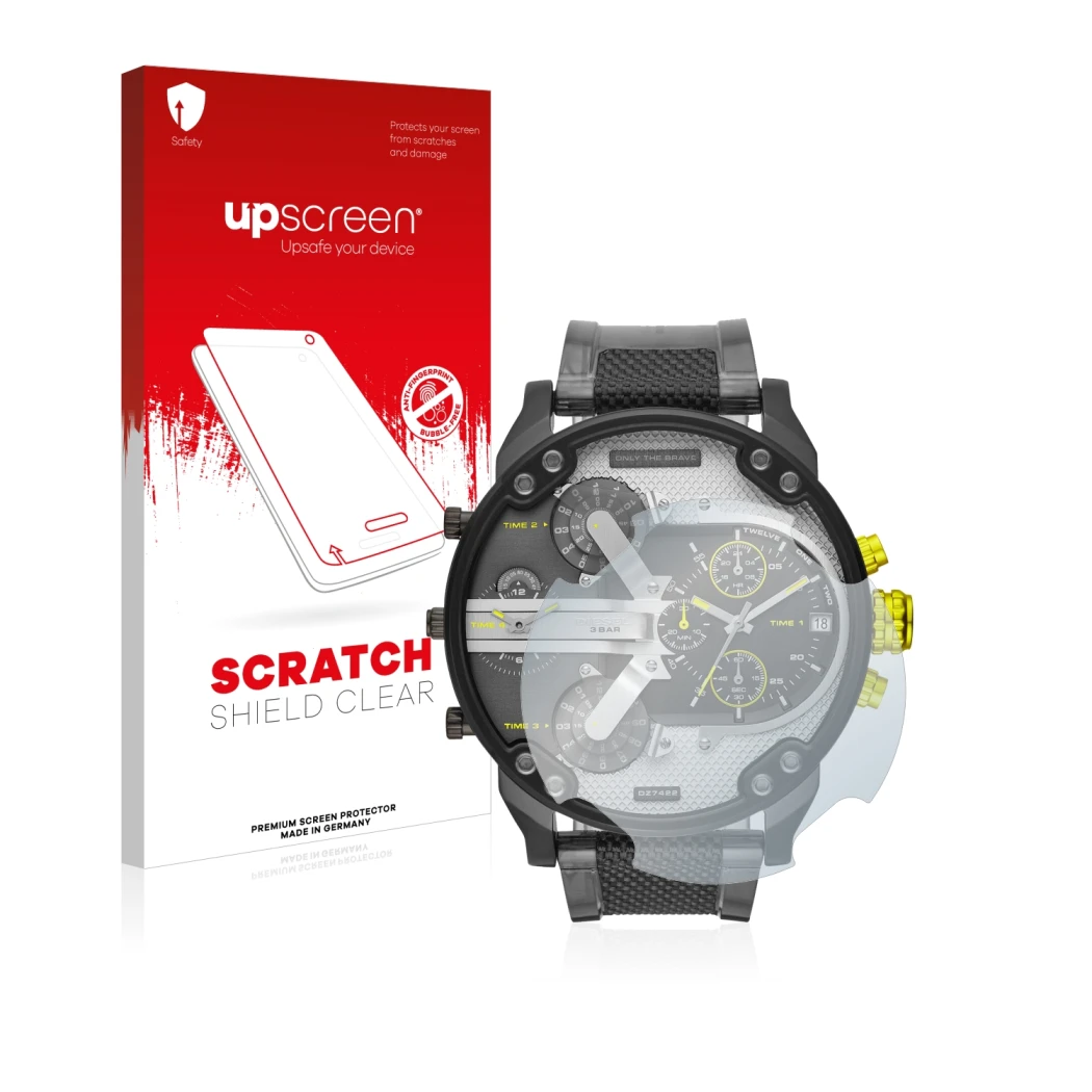 Vorderseite einer Produktverpackung mit dem Markenlogo upscreen. Daneben ist das Gerät Diesel DZ7422 Mr. Daddy 2.0 mit dem zug