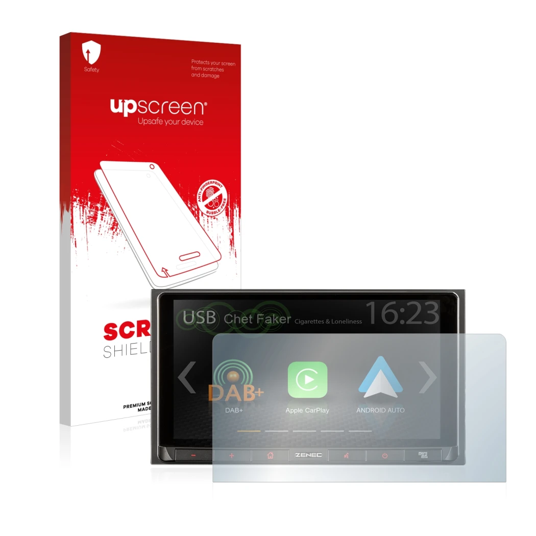 Vorderseite einer Produktverpackung mit dem Markenlogo upscreen. Daneben ist das Gerät Zenec Z-N528 mit dem zugehörigen Displa