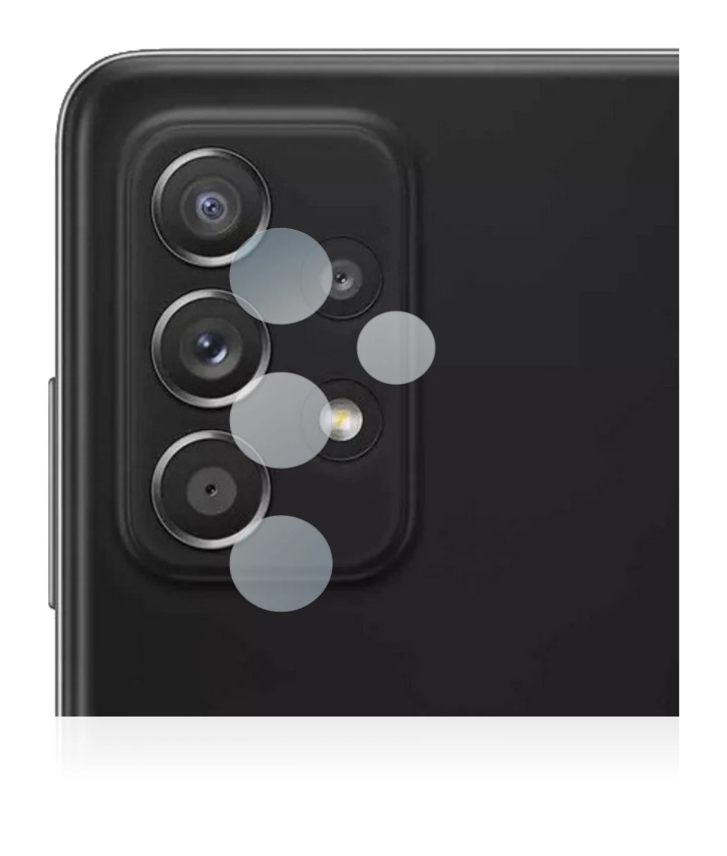 Abbildung des Geräts Samsung Galaxy A52 (NUR Kameraschutz) mit einer Vielzahl des Displayschutzes.