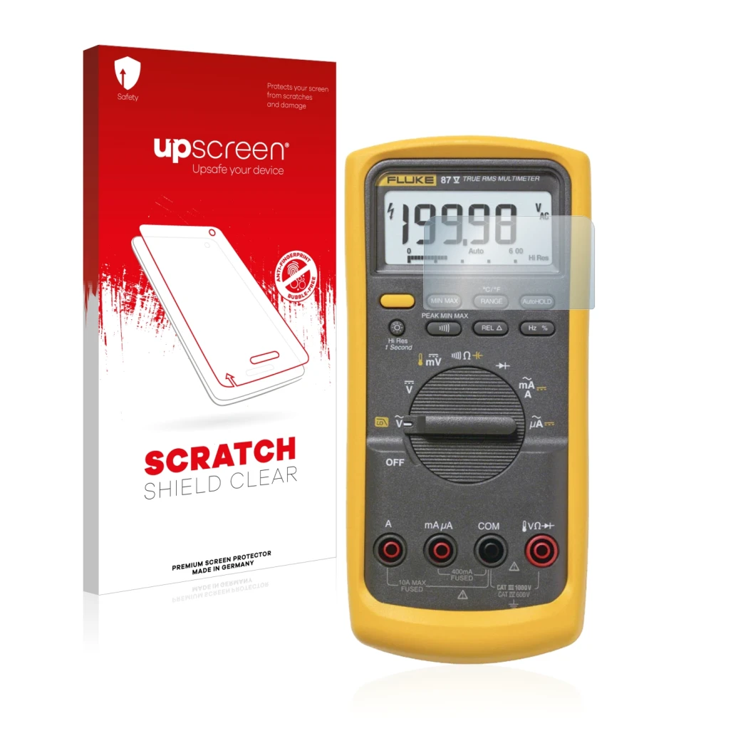 Vorderseite einer Produktverpackung mit dem Markenlogo upscreen. Daneben ist das Gerät Fluke 87v mit dem zugehörigen Displaysc