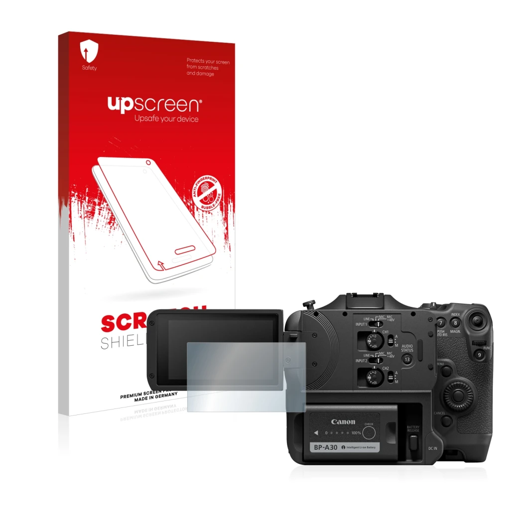 Vorderseite einer Produktverpackung mit dem Markenlogo upscreen. Daneben ist das Gerät Canon EOS C70 mit dem zugehörigen Displ