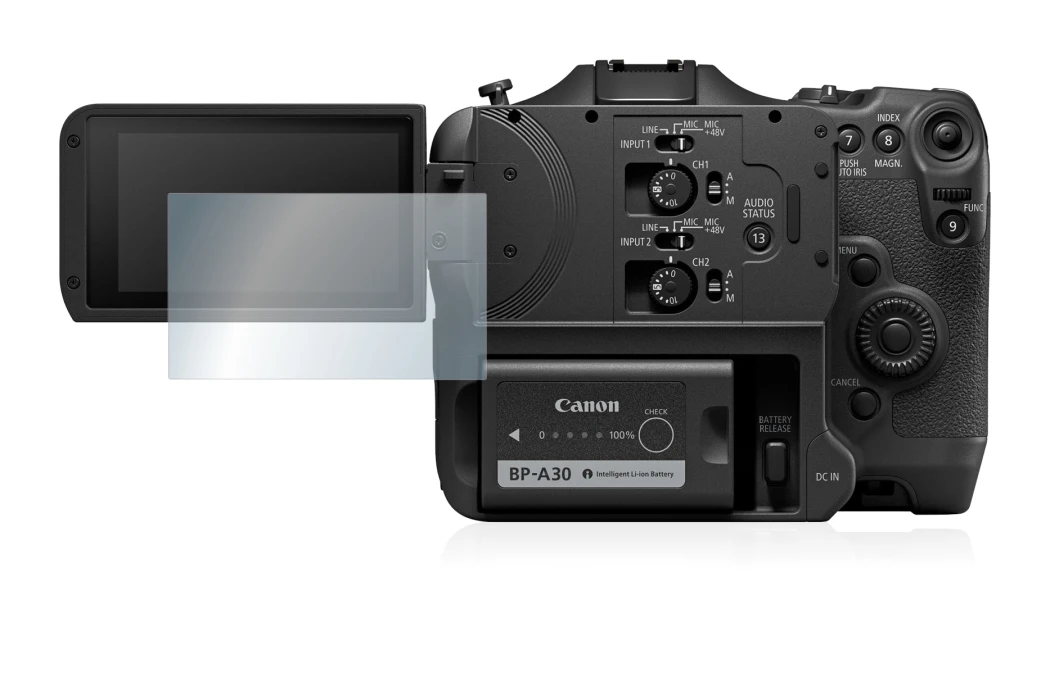 Abbildung des Geräts Canon EOS C70 mit einer Vielzahl des Displayschutzes.