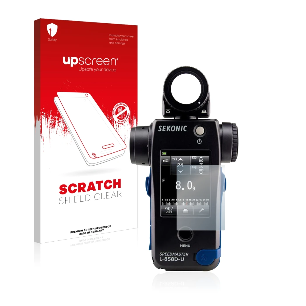 Vorderseite einer Produktverpackung mit dem Markenlogo upscreen. Daneben ist das Gerät Sekonic L858D mit dem zugehörigen Displ